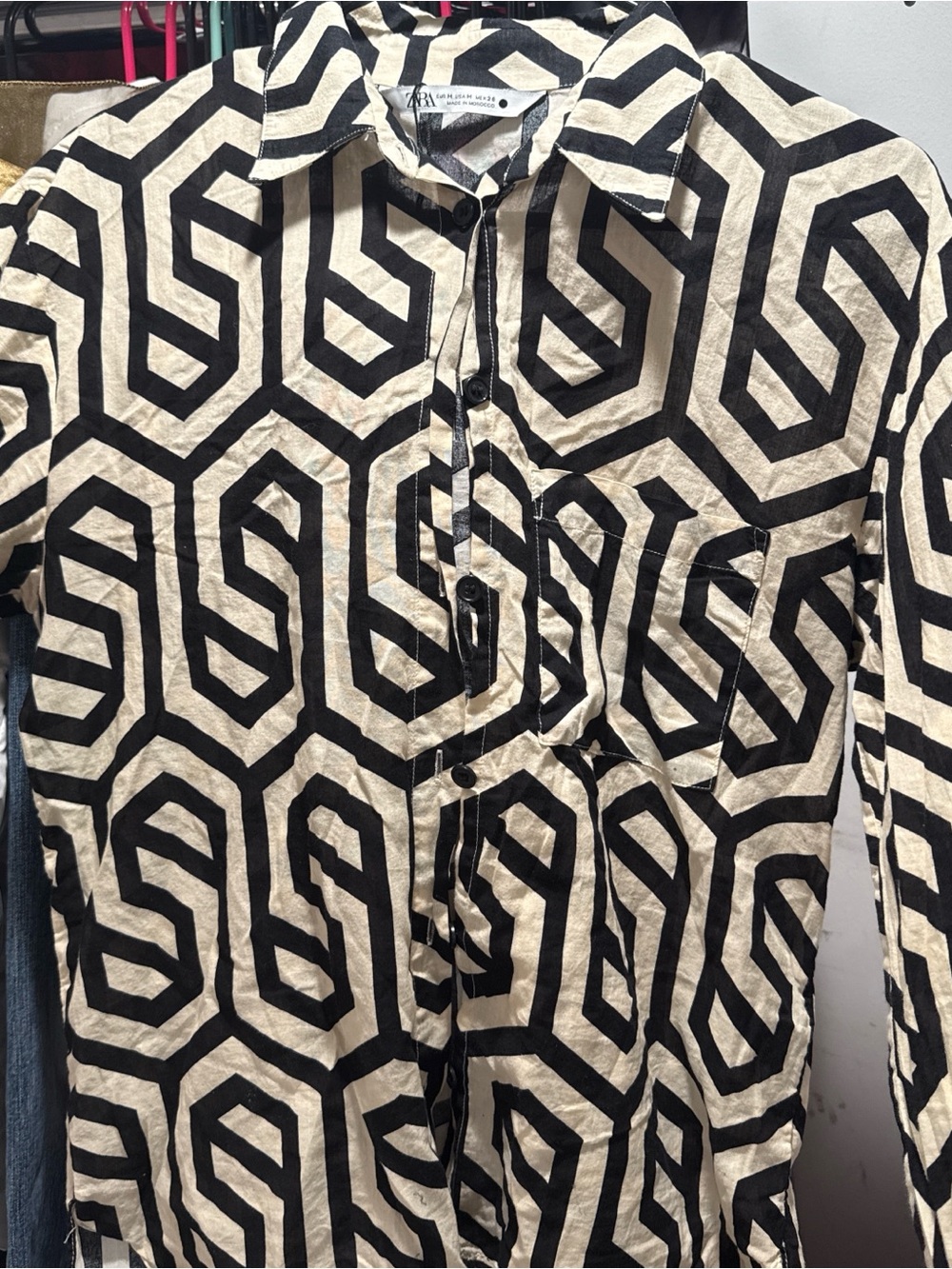 Zara Black & Cream Geometric Button-Up Shirt